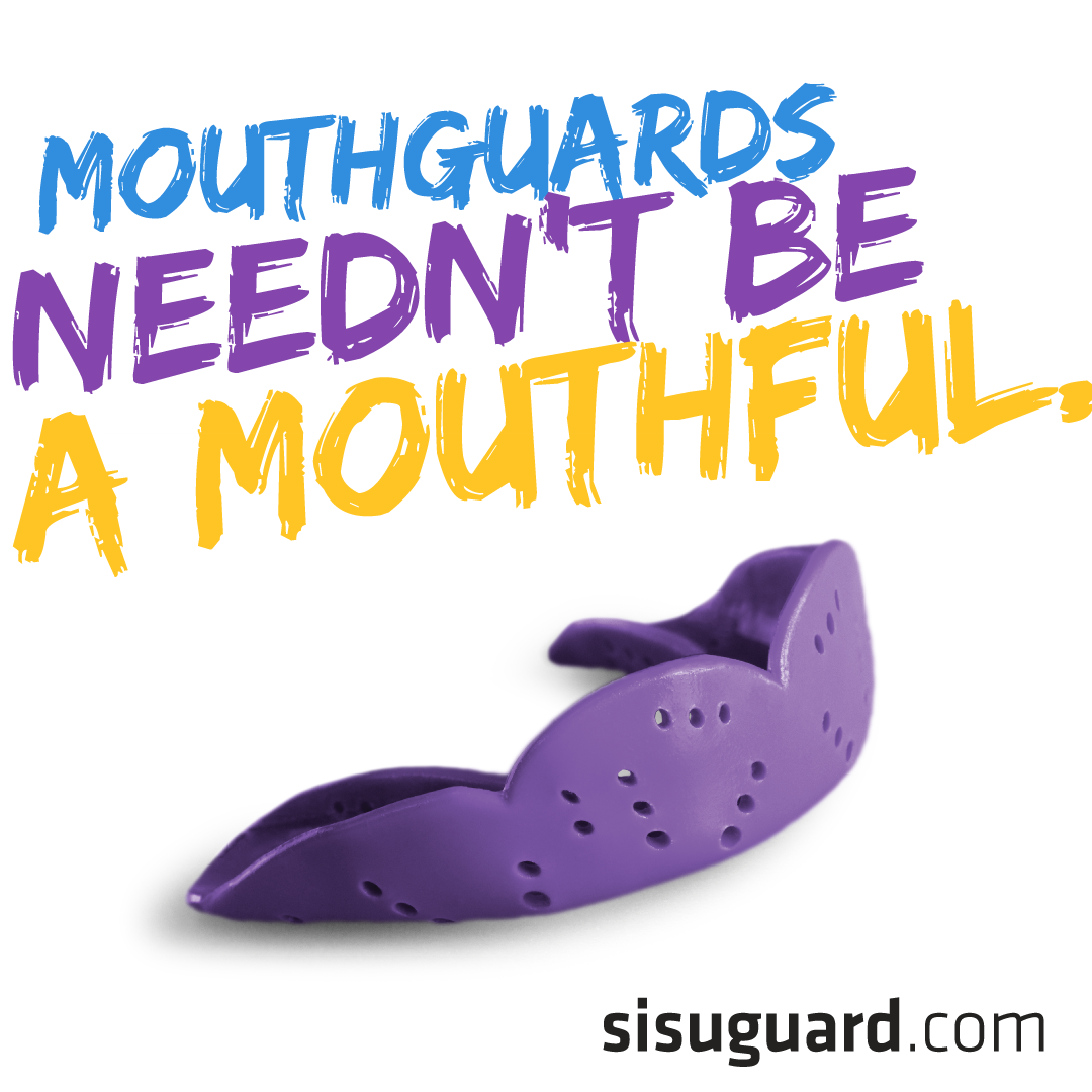 Promotional image with a purple coloured mouthguard.